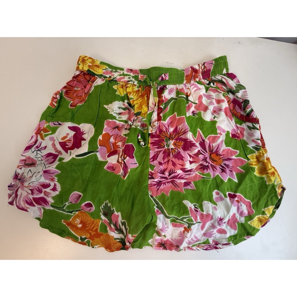 Floral Tropical Shorts Green Pink Boho Resort Beach Pull On Cotton Blend Pockets